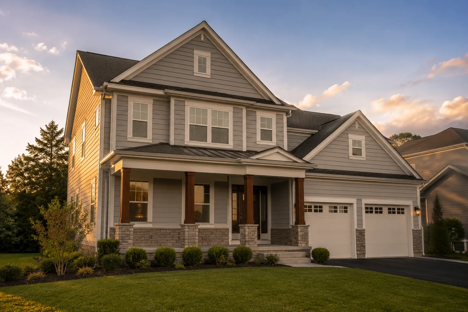 Modern suburban two-story home photographed during golden hour, used in a home inspection report example